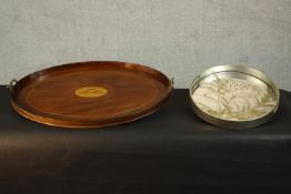 A late Victorian style mahogany oval twin handled galleried tray with sea shell motif to centre