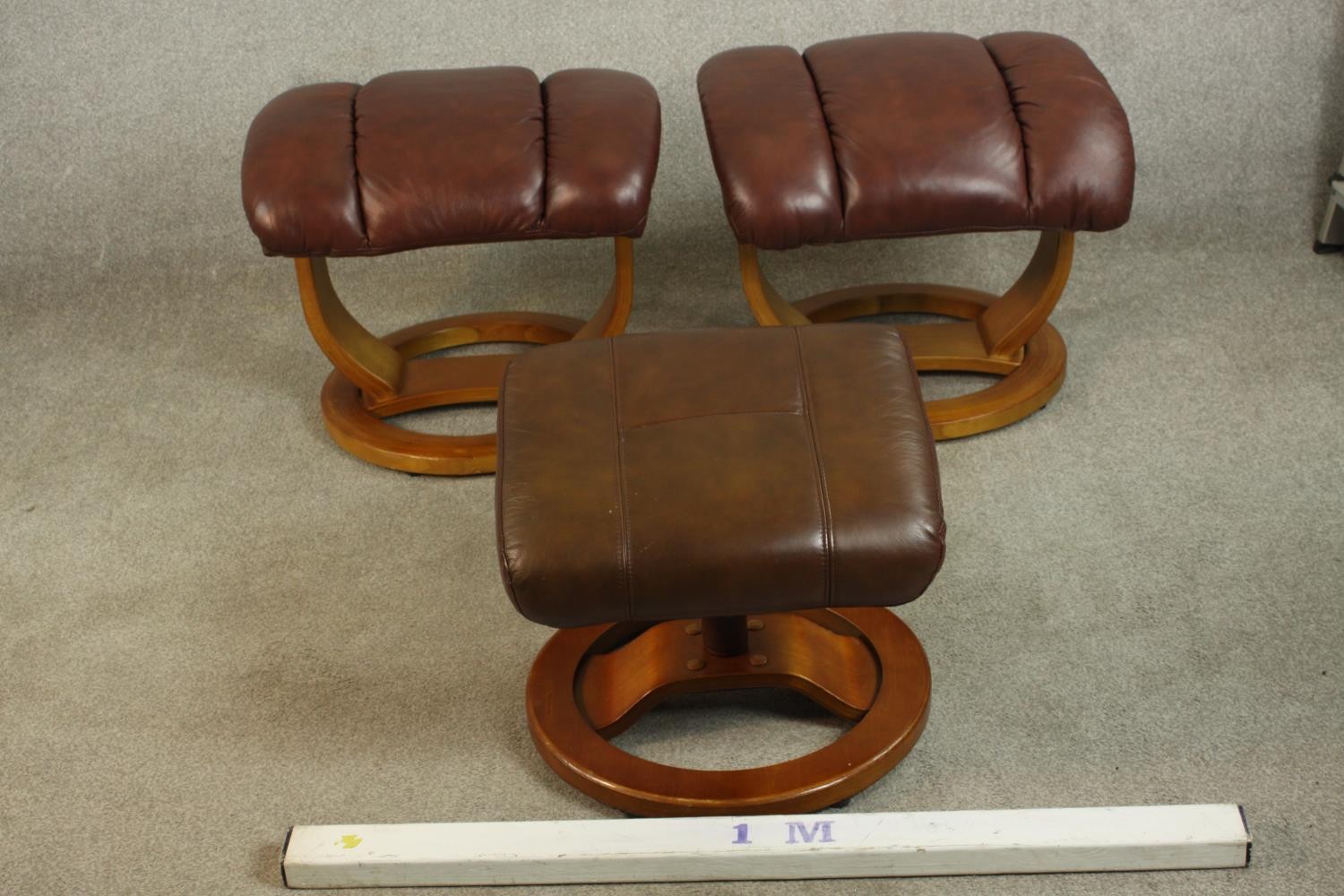 Three late 20th century Stressless style foot stools, inluding a pair upholstered in burgundy - Image 2 of 9
