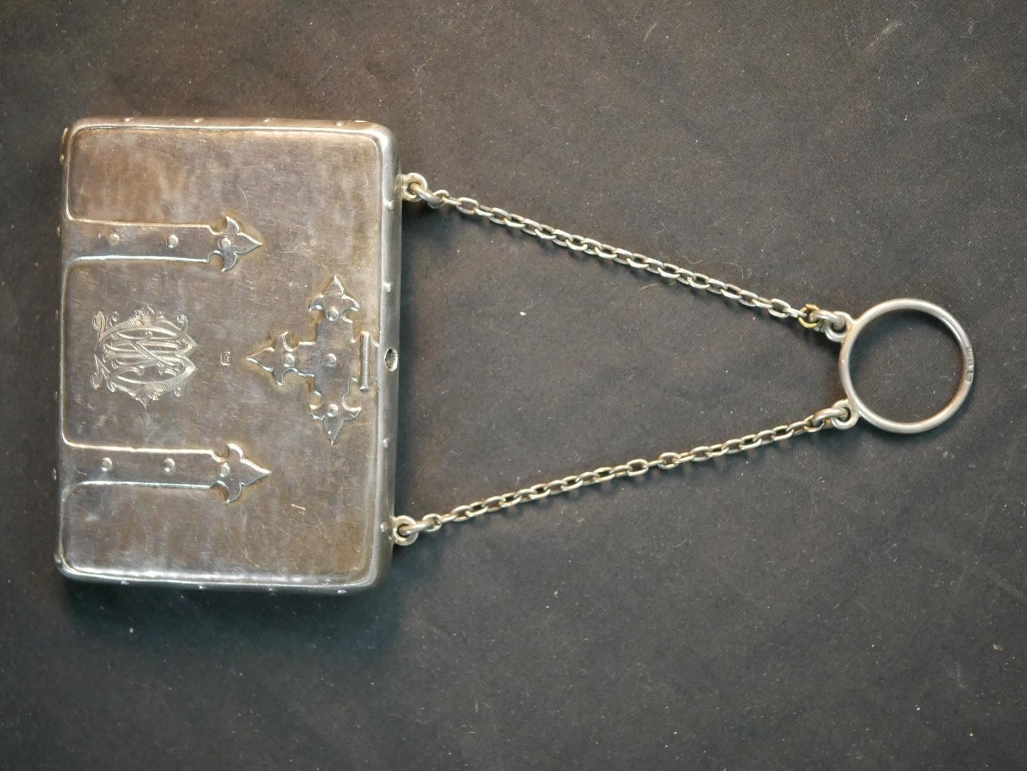 A collection of silver, including a Victorian silver cigarette case in the form of a leather bound - Image 10 of 16