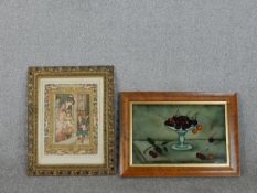 A framed reverse painting on glass, still life bowl of cherries along with a print of a Victorian