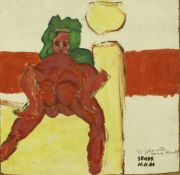 Stass Paraskos (1933 - 2014), oil on board of a nude couple having sex on a bed, signed and dated