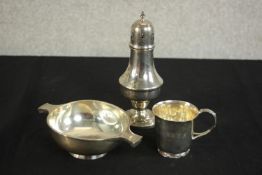 A collection of silver, including a silver Quaich by Adie Brothers Ltd, a christening cup and a