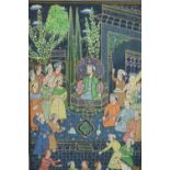 A framed and glazed early 20th century Indo-Persian gouache on paper of a court room scene with