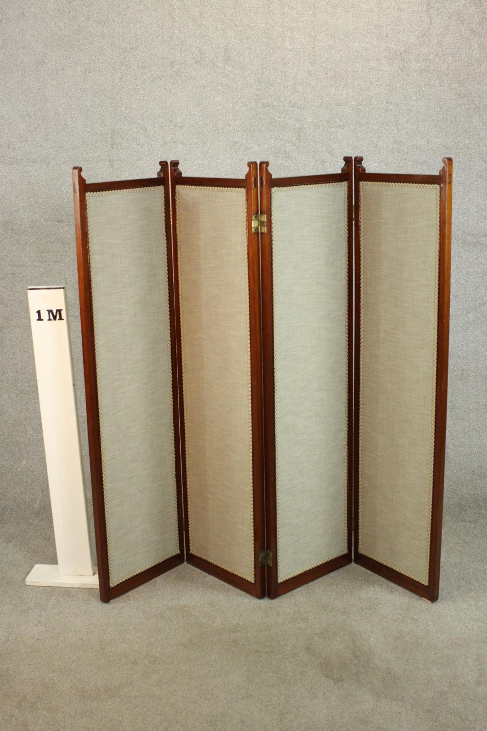 An Edwardian walnut fourfold screen, each panel upholstered with an oatmeal coloured fabric, with - Image 2 of 10