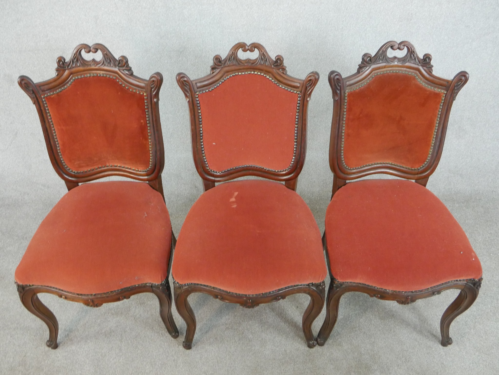 A set of three late 19th/early 20th century French walnut Louis XV style dining chairs, - Image 2 of 6