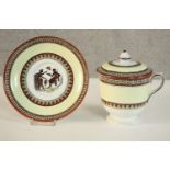 A Classical Greek key and figural design lidded hot chocolate cup and saucer, makers mark and