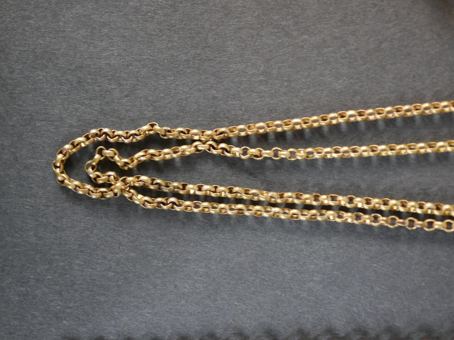 A collection of rolled Victorian chains, including two rolo link long watch chains with Albert - Image 3 of 6