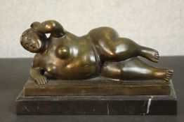 After Duchoiselle, 19th Century, Femme nue allongée, bronze with brown patina on marble base,