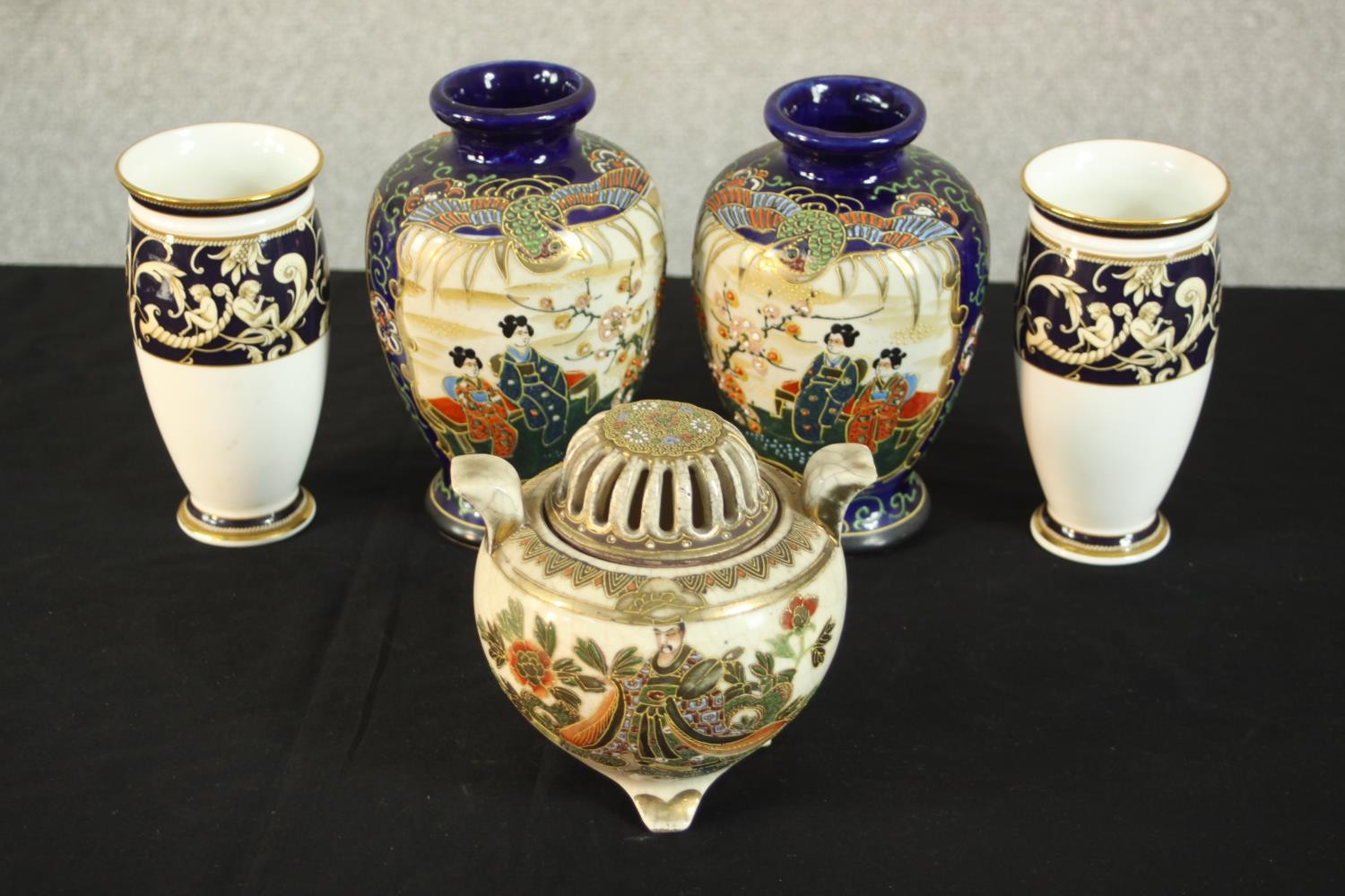 A pair of Japanese Satsuma ware geisha vases and a lidded censer along with a pair of Wedgwood '
