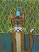 Wolf Howard, acrylic on canvas. Cat with Bird on Head, initialled lower right, inscription verso.