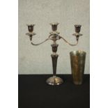 A silver plated three branch candelabra along with an Indian silver plated etched vase. H.36 W.31