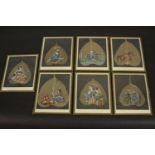 Seven framed and glazed Indian hand painted oil scenes on skeleton pipal tree leaves. H.22.5 W.18cm.