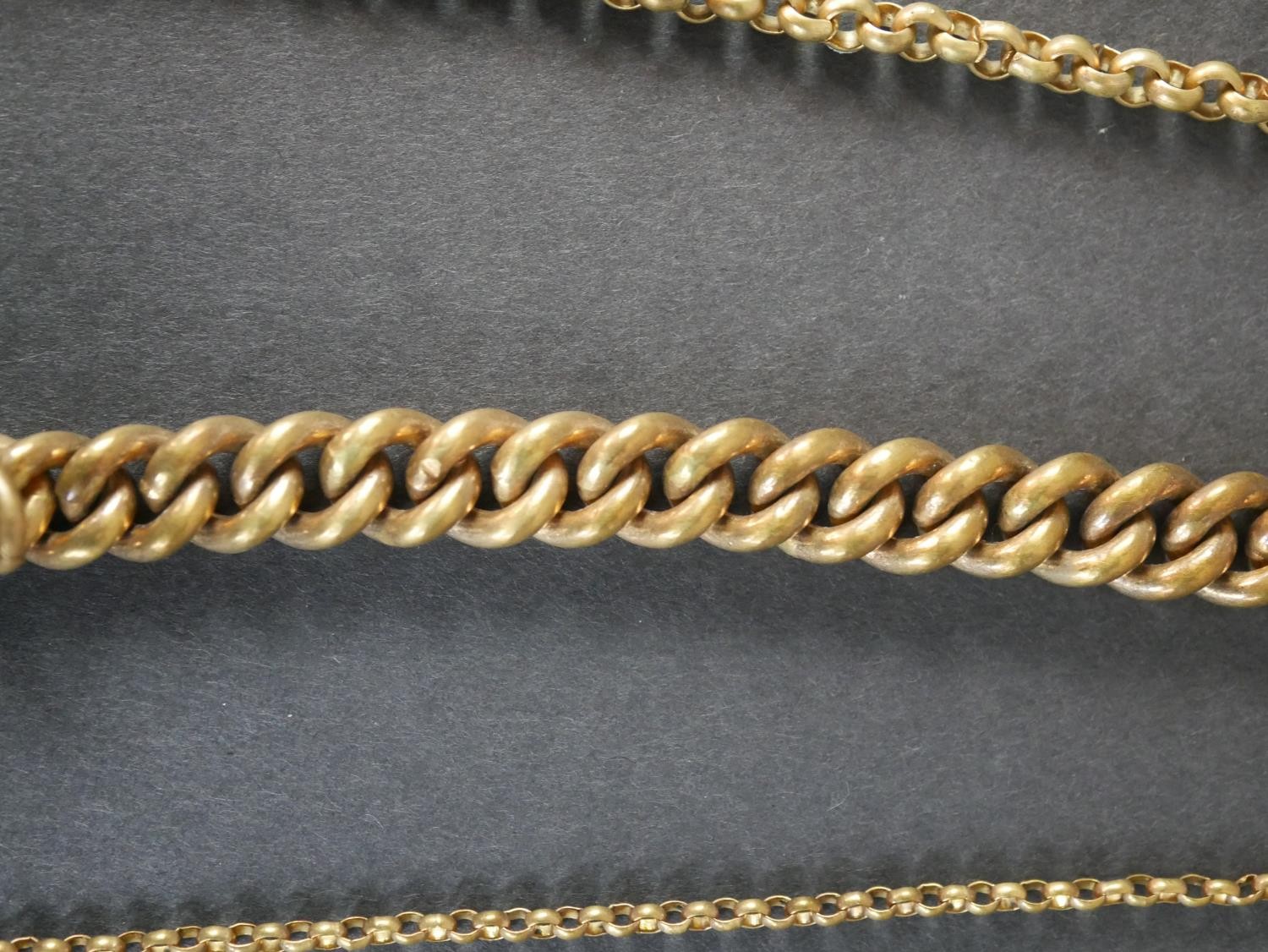 A collection of rolled Victorian chains, including two rolo link long watch chains with Albert - Image 4 of 6