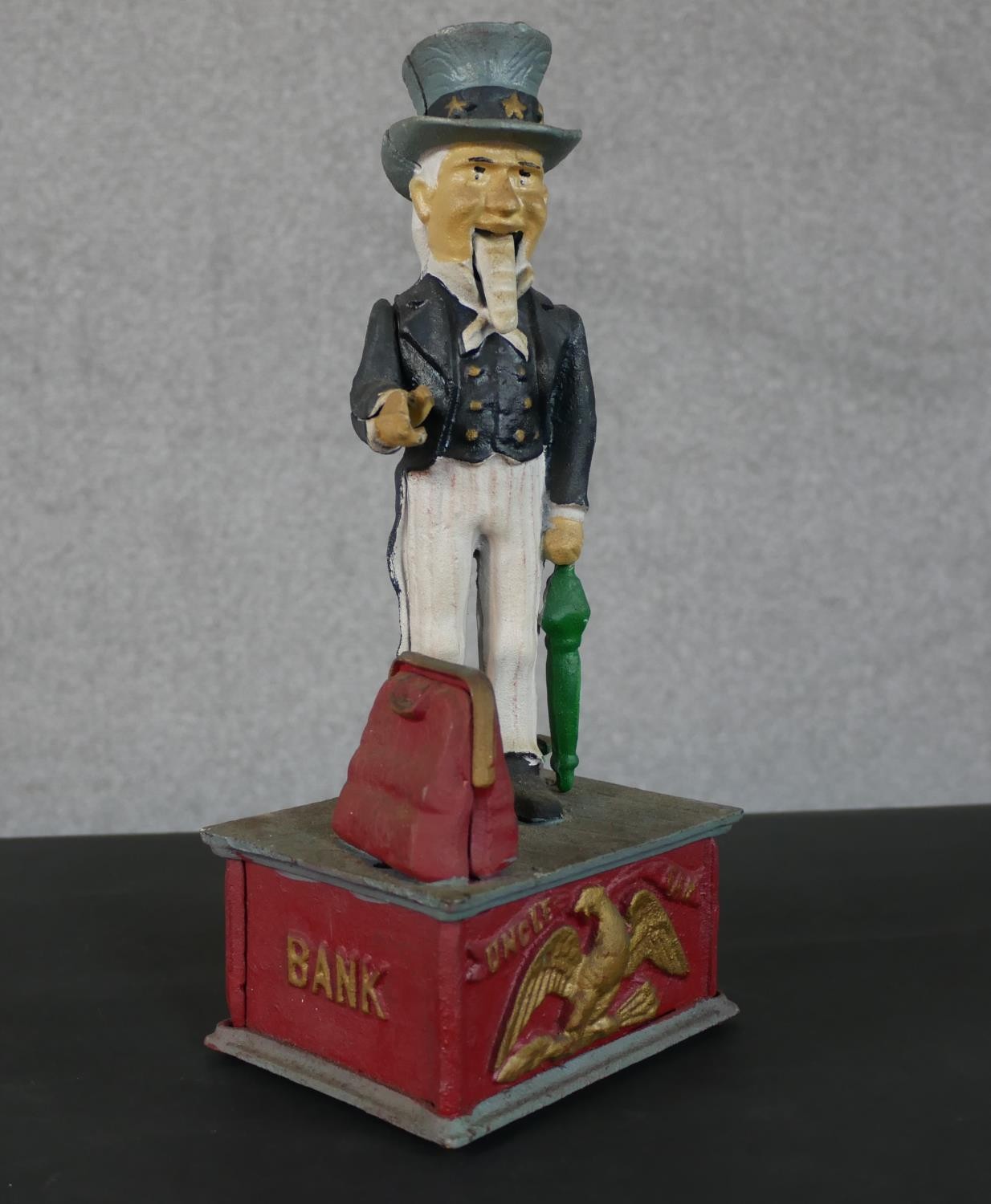 A 19th century style painted cast iron mechanical "Uncle Sam" money box, with push button action, - Image 2 of 4