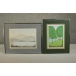 Jan U King, two signed limited edition woodblock prints, one of a lake with mountains and one of