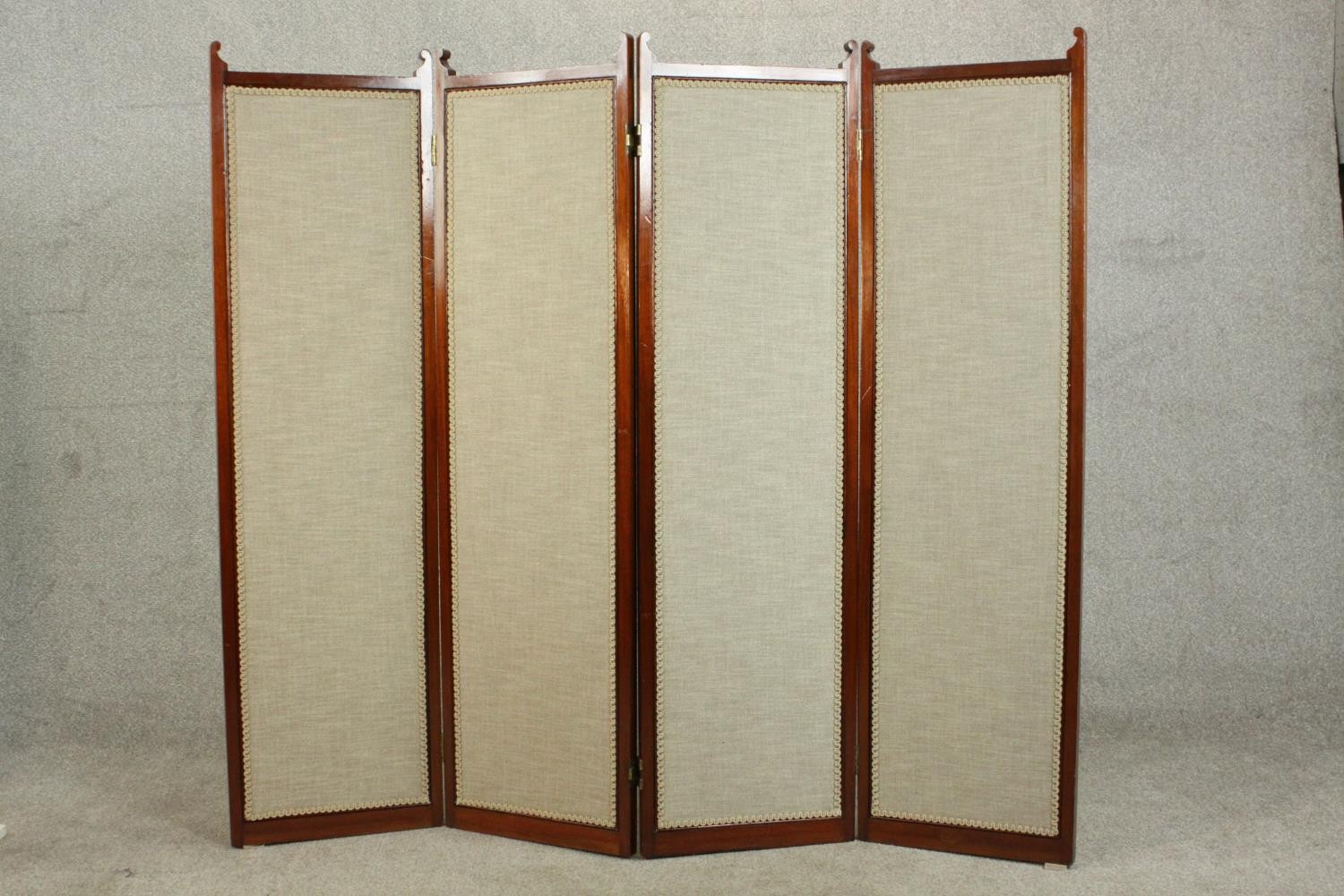 An Edwardian walnut fourfold screen, each panel upholstered with an oatmeal coloured fabric, with - Image 3 of 10