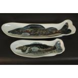 Two Highland stoneware fish platters each hand painted with a fish species. L.63 W.15cm. (largest)