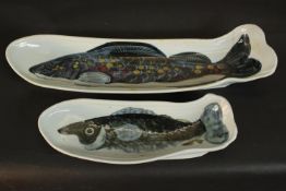 Two Highland stoneware fish platters each hand painted with a fish species. L.63 W.15cm. (largest)