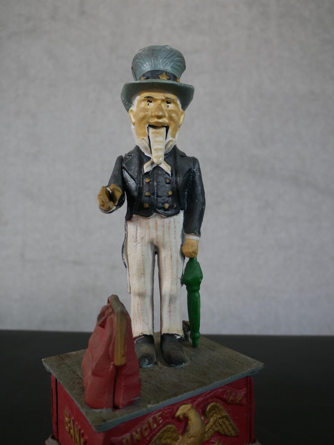 A 19th century style painted cast iron mechanical "Uncle Sam" money box, with push button action, - Image 3 of 4
