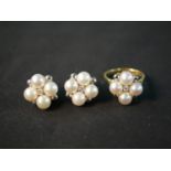 A cultured pearl, diamond 18ct carat yellow and white metal floral design dress ring with matching