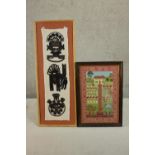 A South American framed and glazed woollen textile panel along with a 1965 sampler of a house with