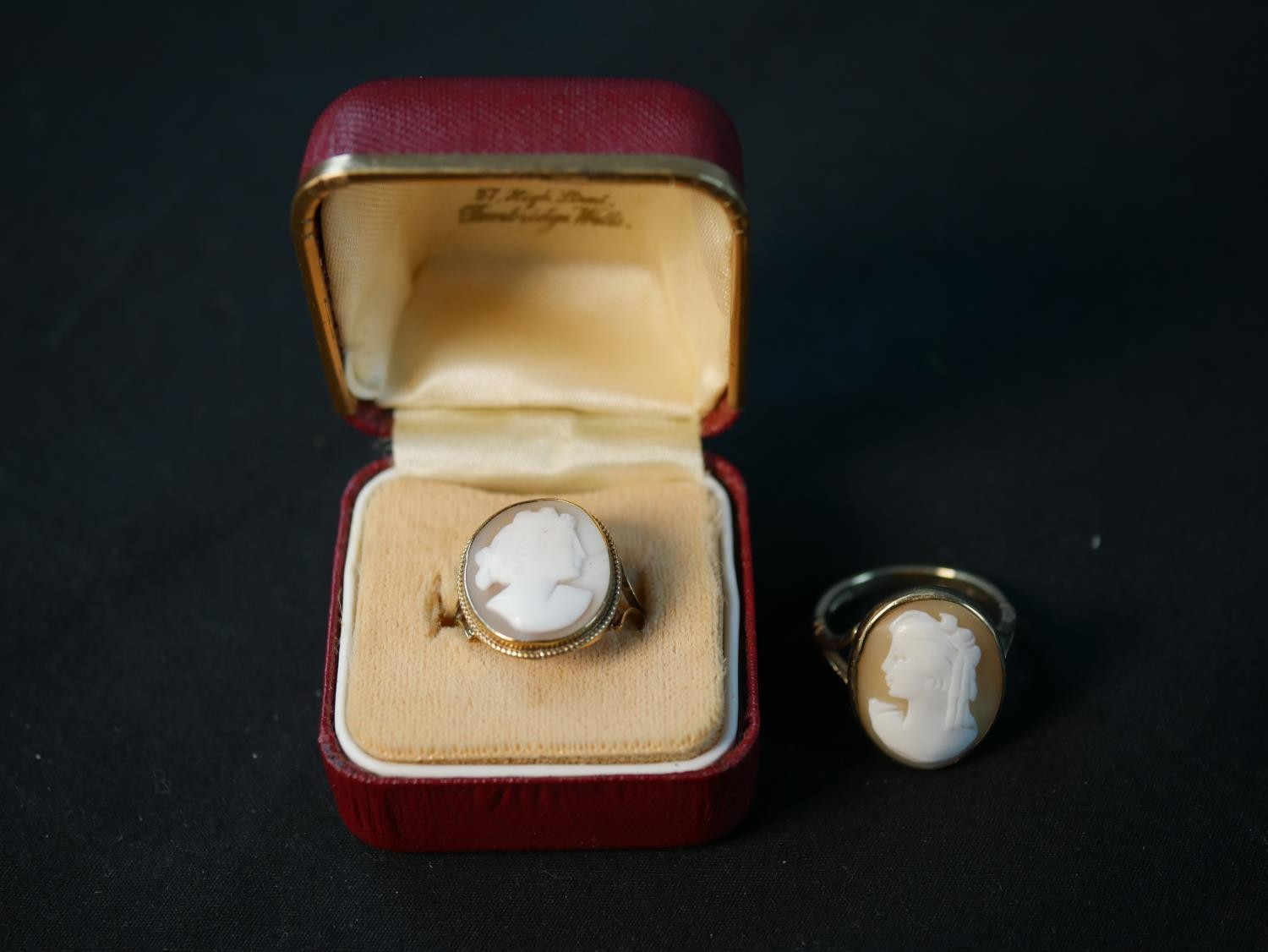 Two 9ct gold carved shell cameo dress rings, each of a classical female side portrait. One with a - Image 2 of 11