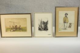Three framed and glazed etchings, one hand coloured of a boy and his dog, a milkmaid with cows,