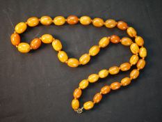 A large antique knotted butterscotch amber bead necklace. The necklace comprising of forty beads,