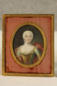 A framed and glazed 19th century miniature oil on panel of a lady in fine dress, unsigned.