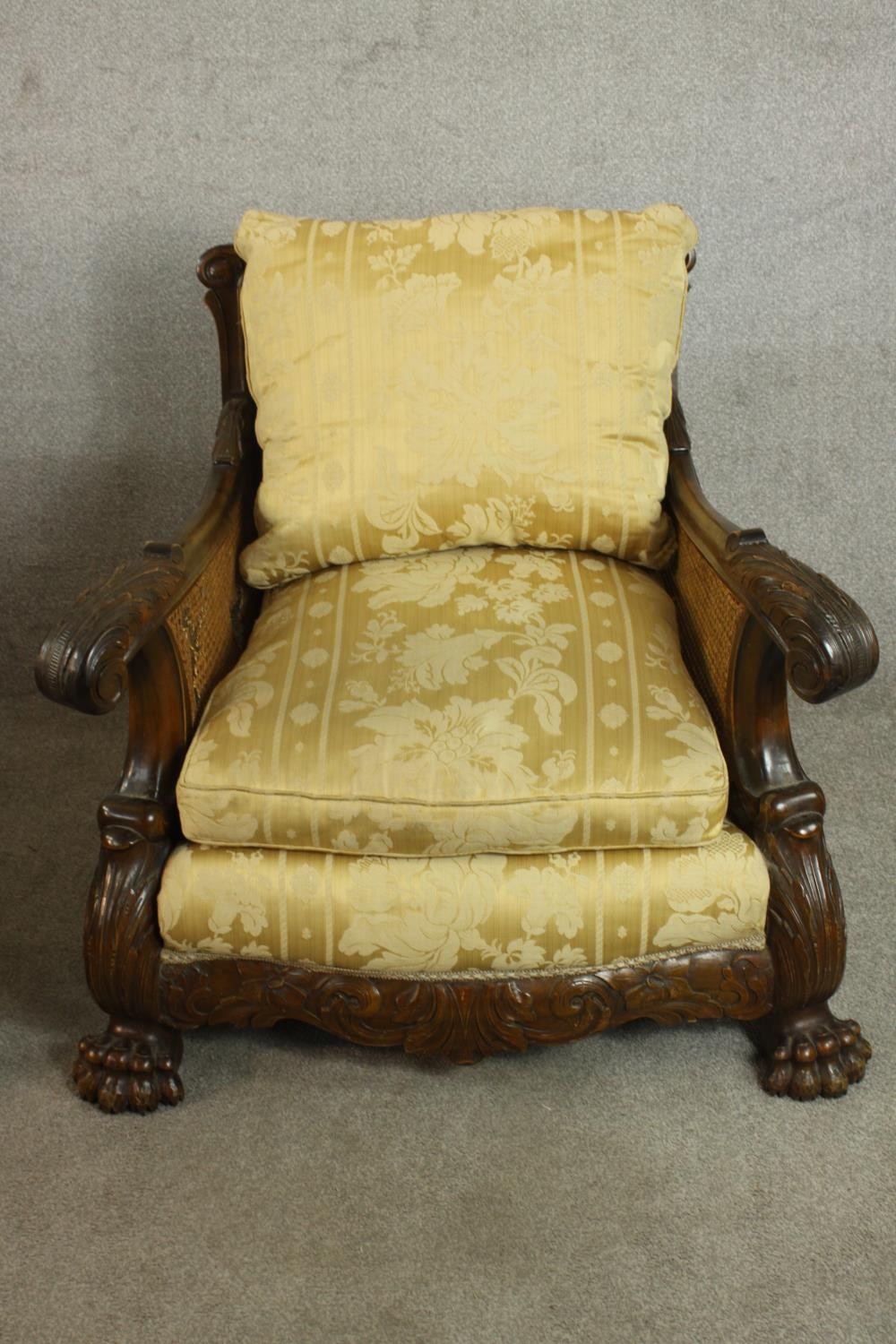 A pair of early 20th century Continental carved walnut bergere armchairs, upholstered in gold - Image 3 of 30