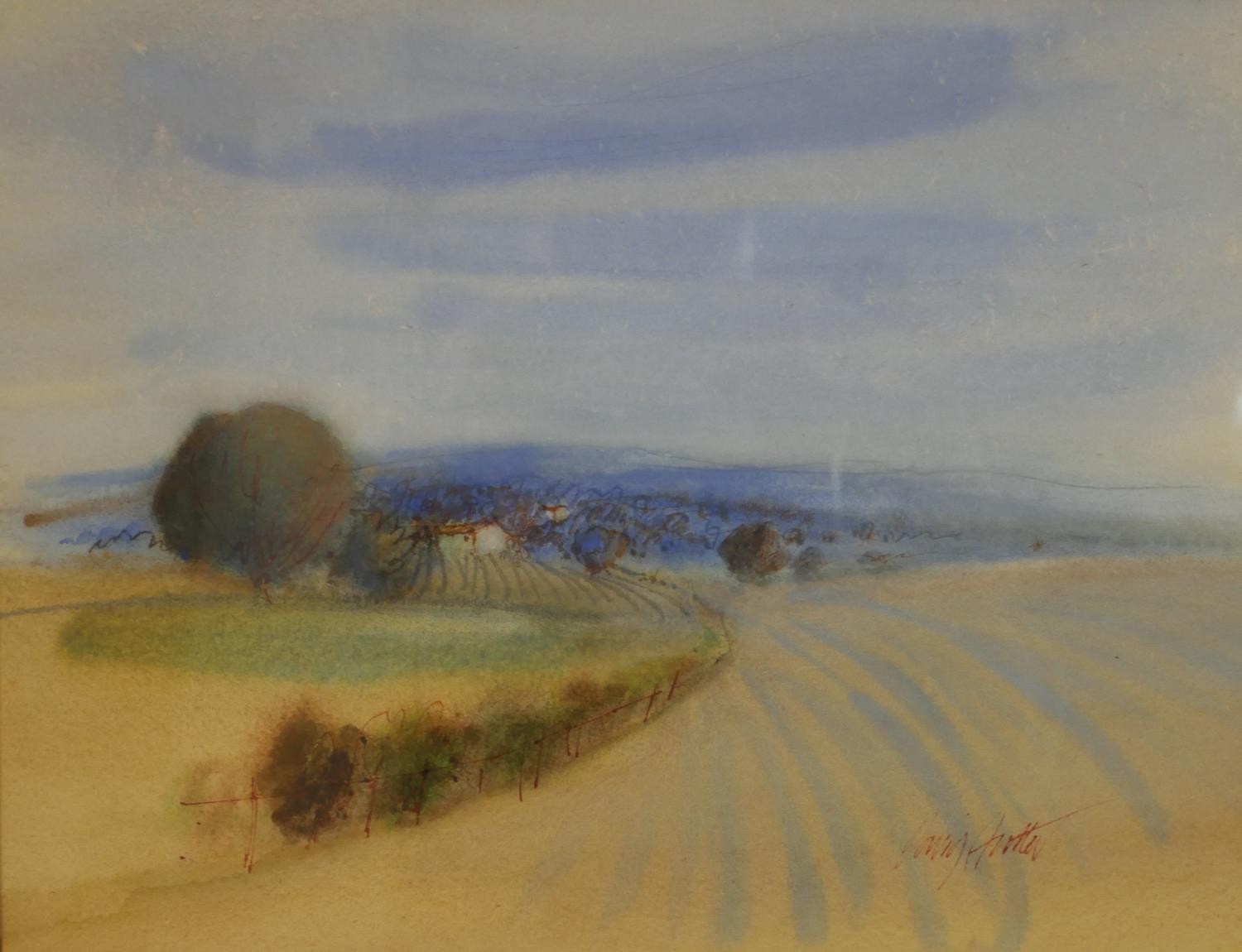 A framed and glazed watercolour and pen landscape, Evening Near Stratford upon Avon, indistinctly