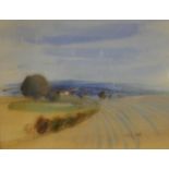 A framed and glazed watercolour and pen landscape, Evening Near Stratford upon Avon, indistinctly