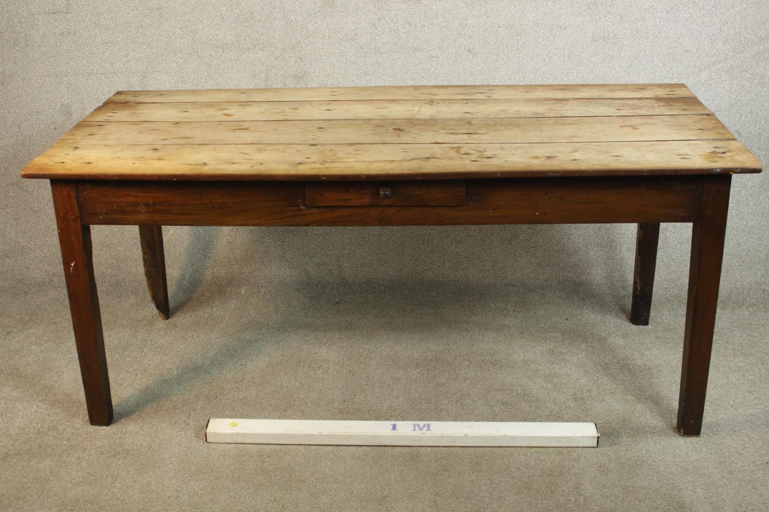 A 19th century French farmhouse table, with a plank top over a single drawer on square section - Image 2 of 9
