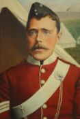 A framed and glazed 19th century oil on board of a military man in red coat, signed JM, 1895. H.69