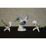 Three hand painted and gilded porcelain birds, including two Vista Allegre song birds and a Herend