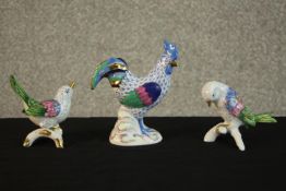 Three hand painted and gilded porcelain birds, including two Vista Allegre song birds and a Herend