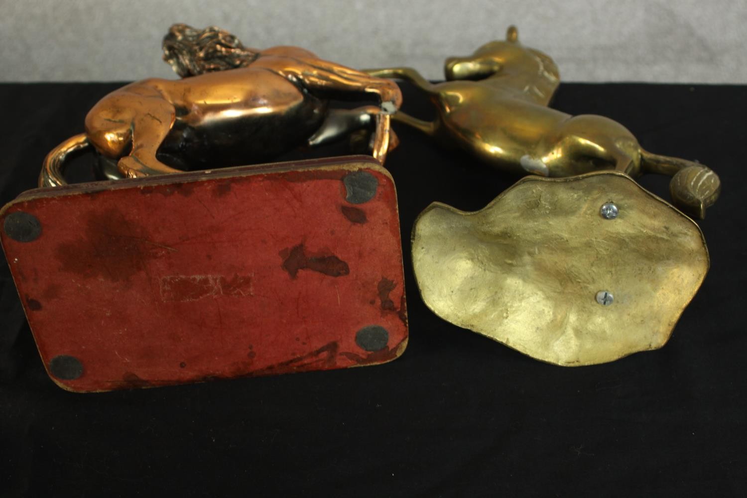 An early 20th century copper rearing horse on a mahogany base along with another brass rearing horse - Image 7 of 10