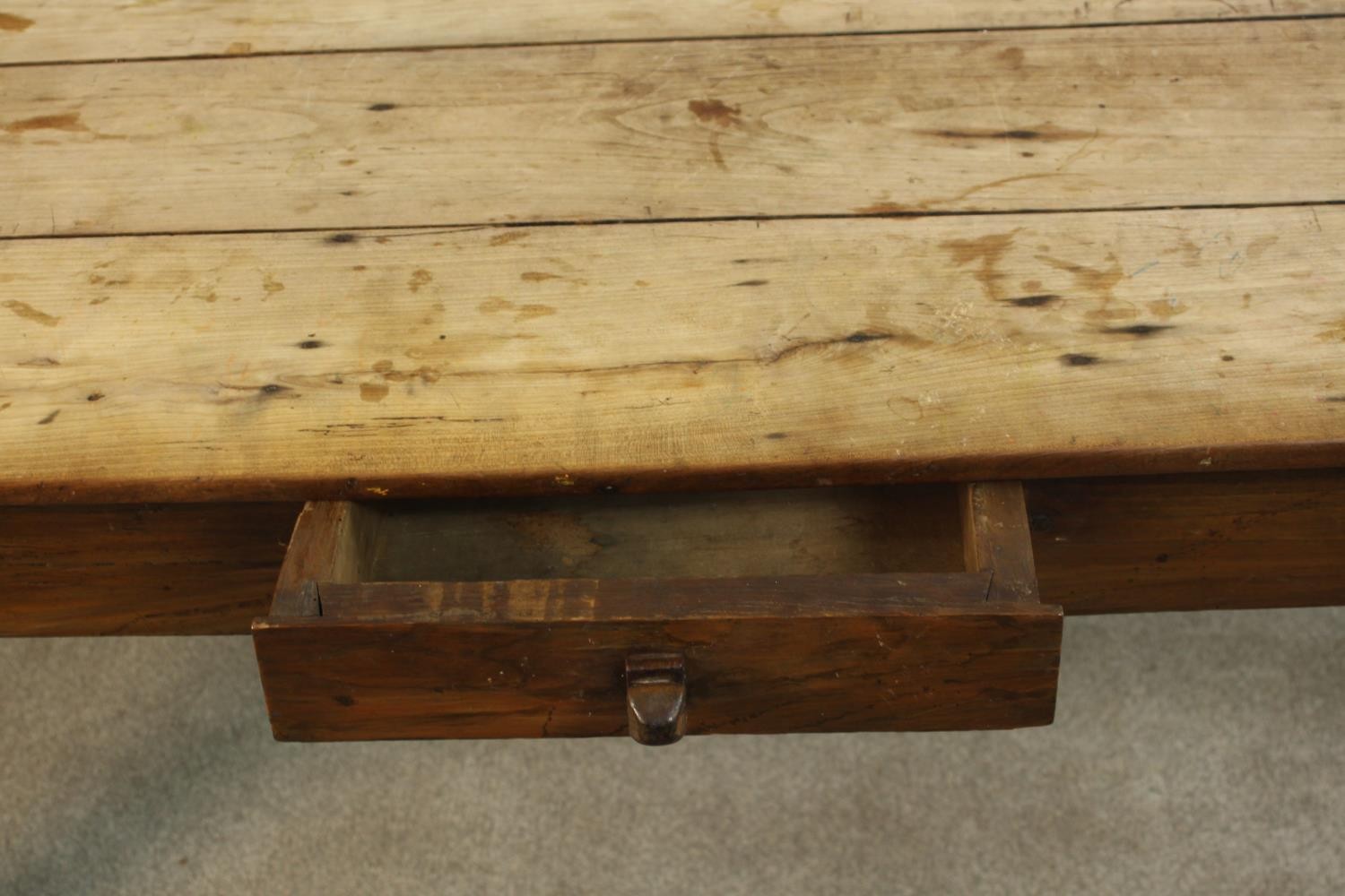 A 19th century French farmhouse table, with a plank top over a single drawer on square section - Image 4 of 9