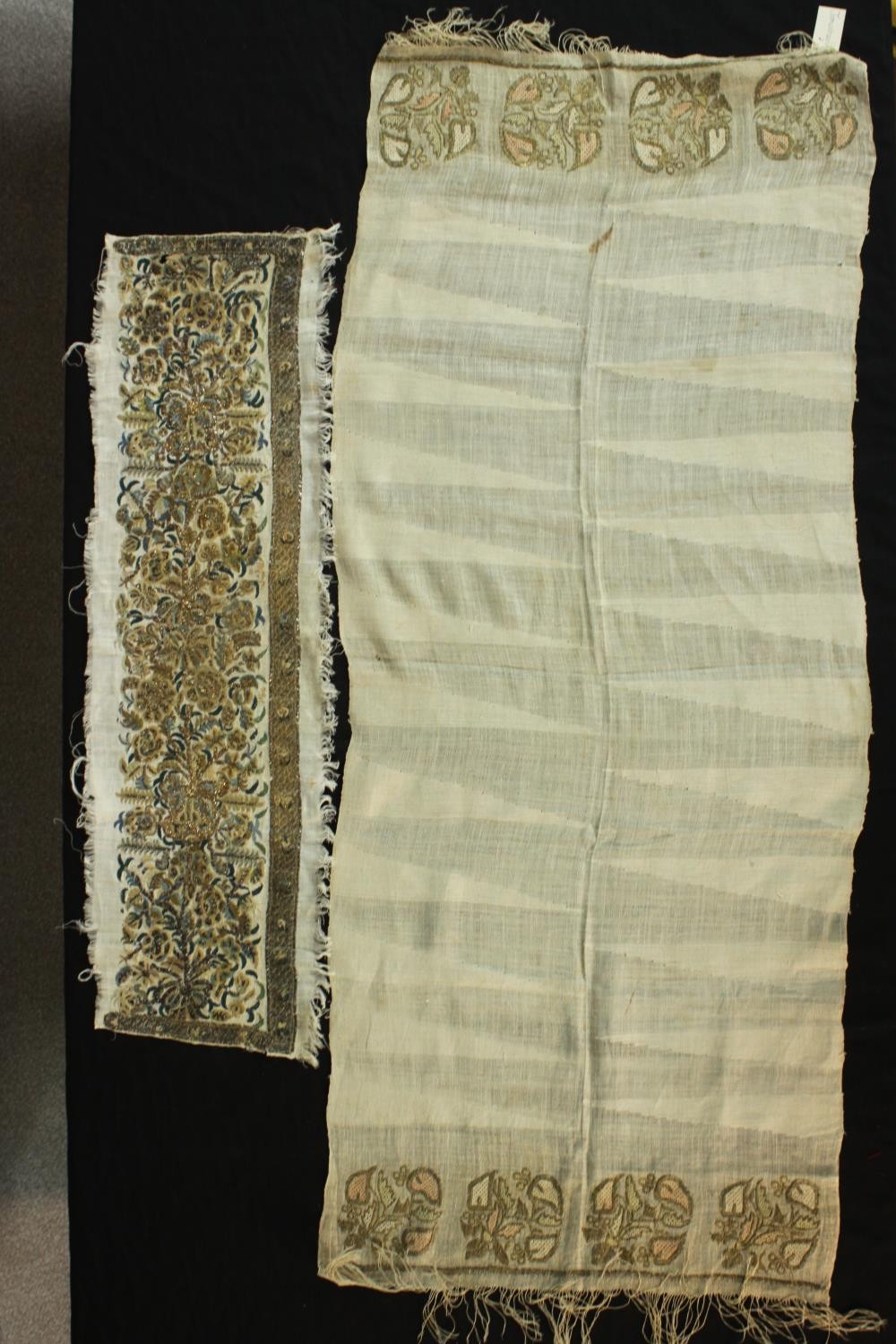 Two Ottoman period Turkish linen towels embroidered with floral motifs with silk and metal thread - Image 2 of 5