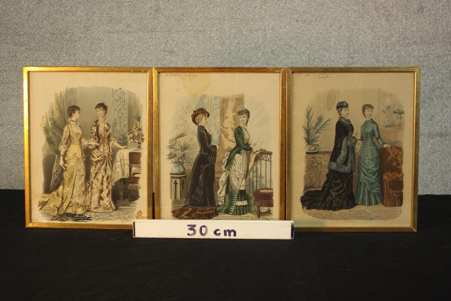 Three framed and glazed 19th century hand coloured engravings of ladies in various dress designs, - Image 2 of 8