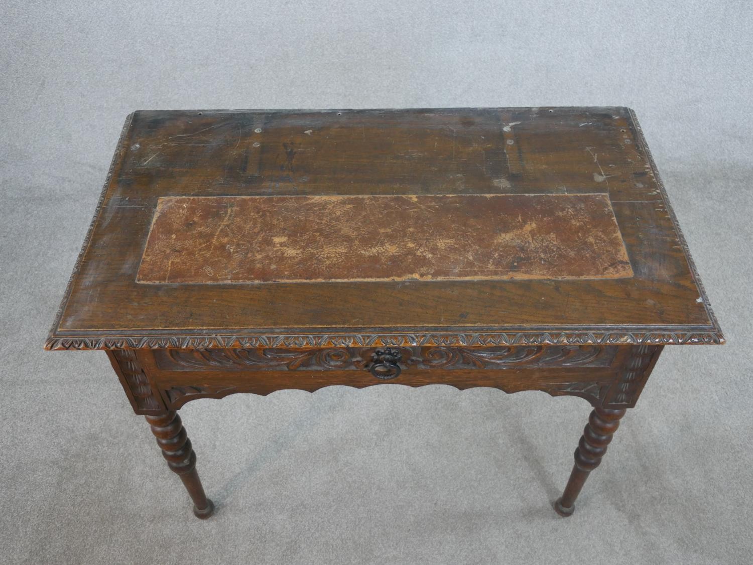 A Victorian carved oak lowboy, the top with a brown leather insert and a carved moulded edge over - Image 2 of 8