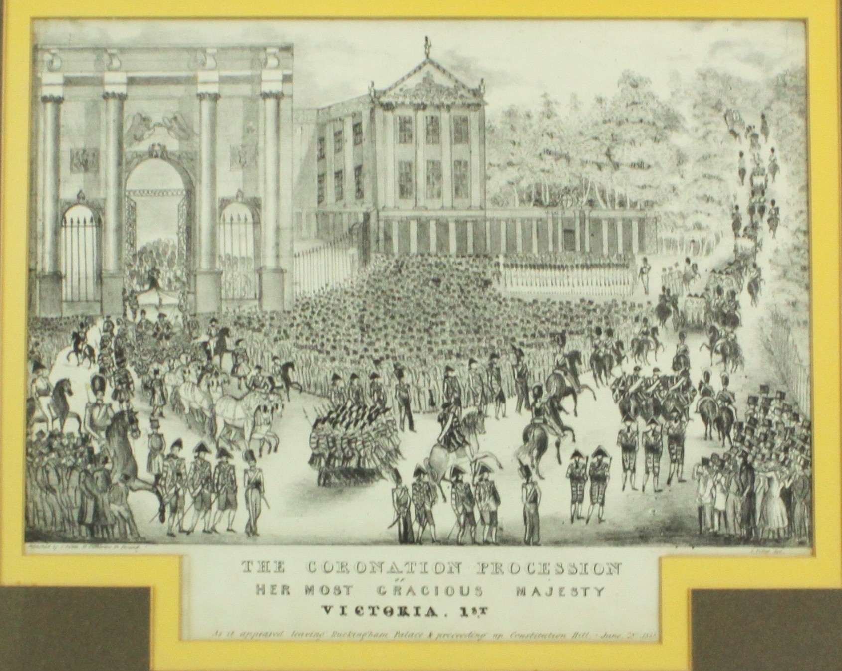 A framed and glazed print of a pencil drawing of the Coronation Procession of Victoria 1st,