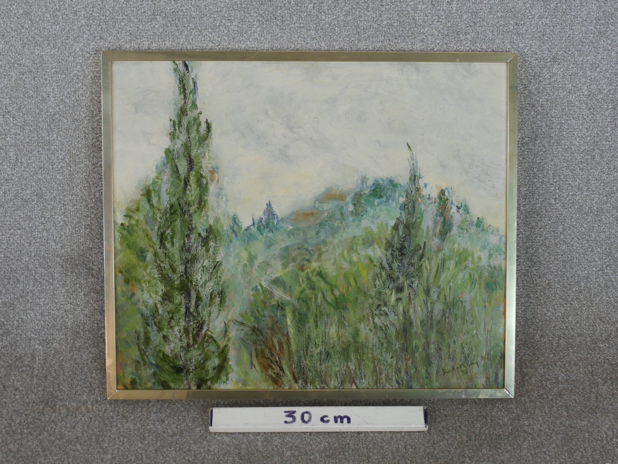 A framed oil on canvas of trees, indistinctly signed and dated 75. H.48 W.57cm - Image 3 of 7
