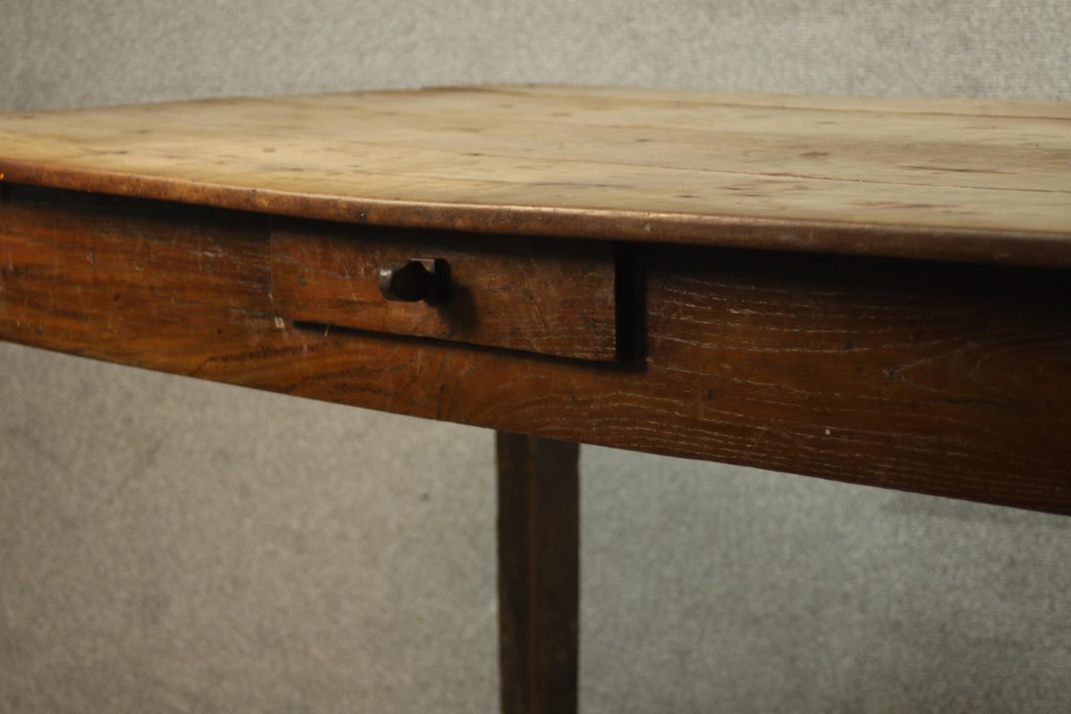 A 19th century French farmhouse table, with a plank top over a single drawer on square section - Image 8 of 9