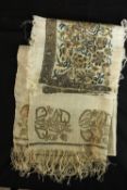 Two Ottoman period Turkish linen towels embroidered with floral motifs with silk and metal thread