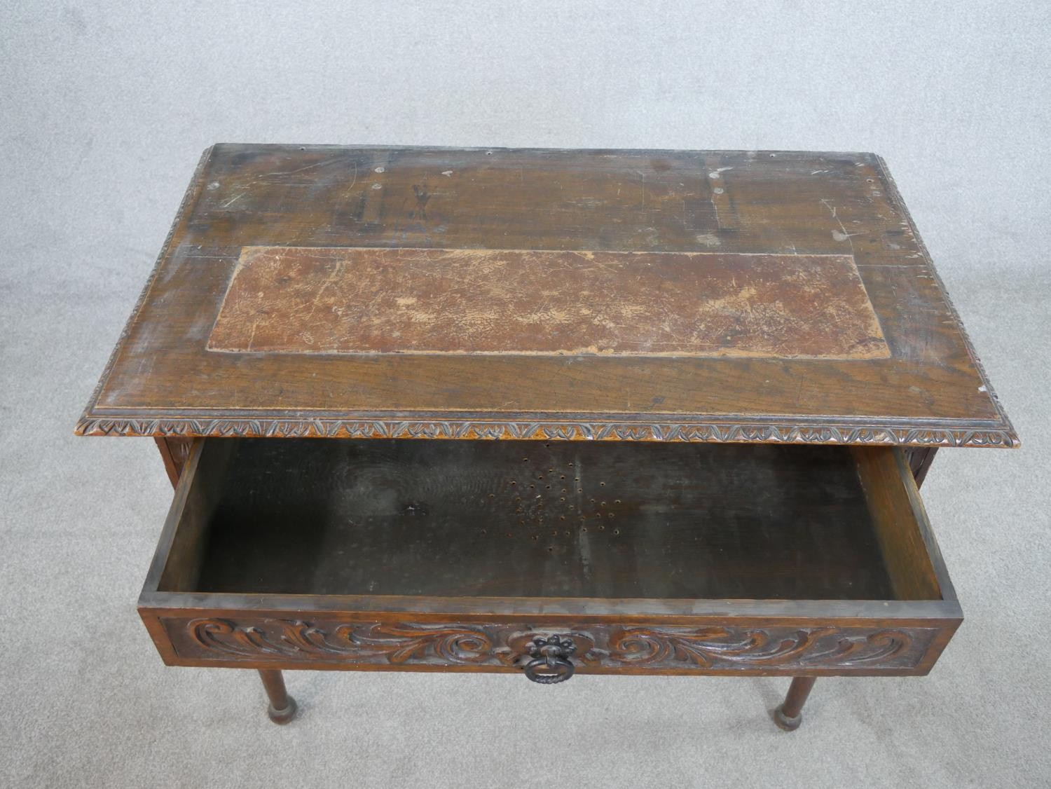 A Victorian carved oak lowboy, the top with a brown leather insert and a carved moulded edge over - Image 5 of 8