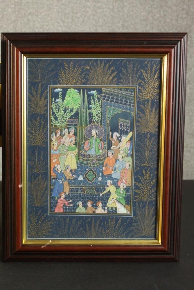 A framed and glazed early 20th century Indo-Persian gouache on paper of a court room scene with - Image 2 of 3