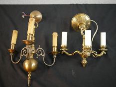 A Dutch solid brass chandelier with three scrolling branches, together with another brass three
