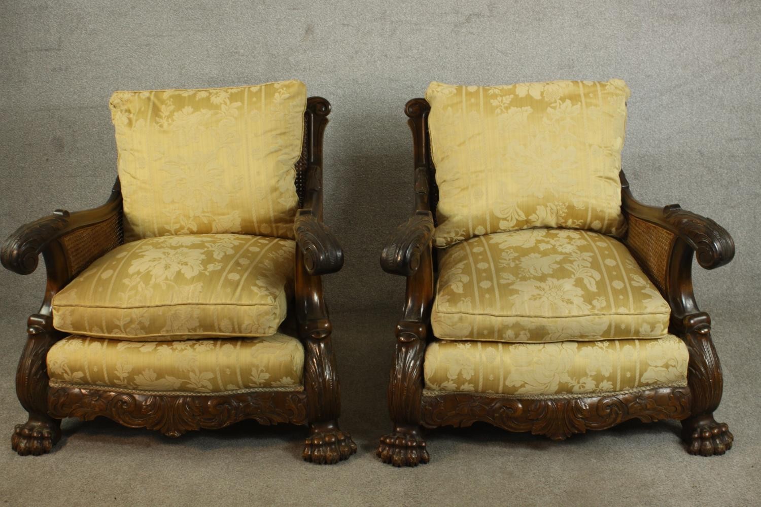 A pair of early 20th century Continental carved walnut bergere armchairs, upholstered in gold - Image 2 of 30