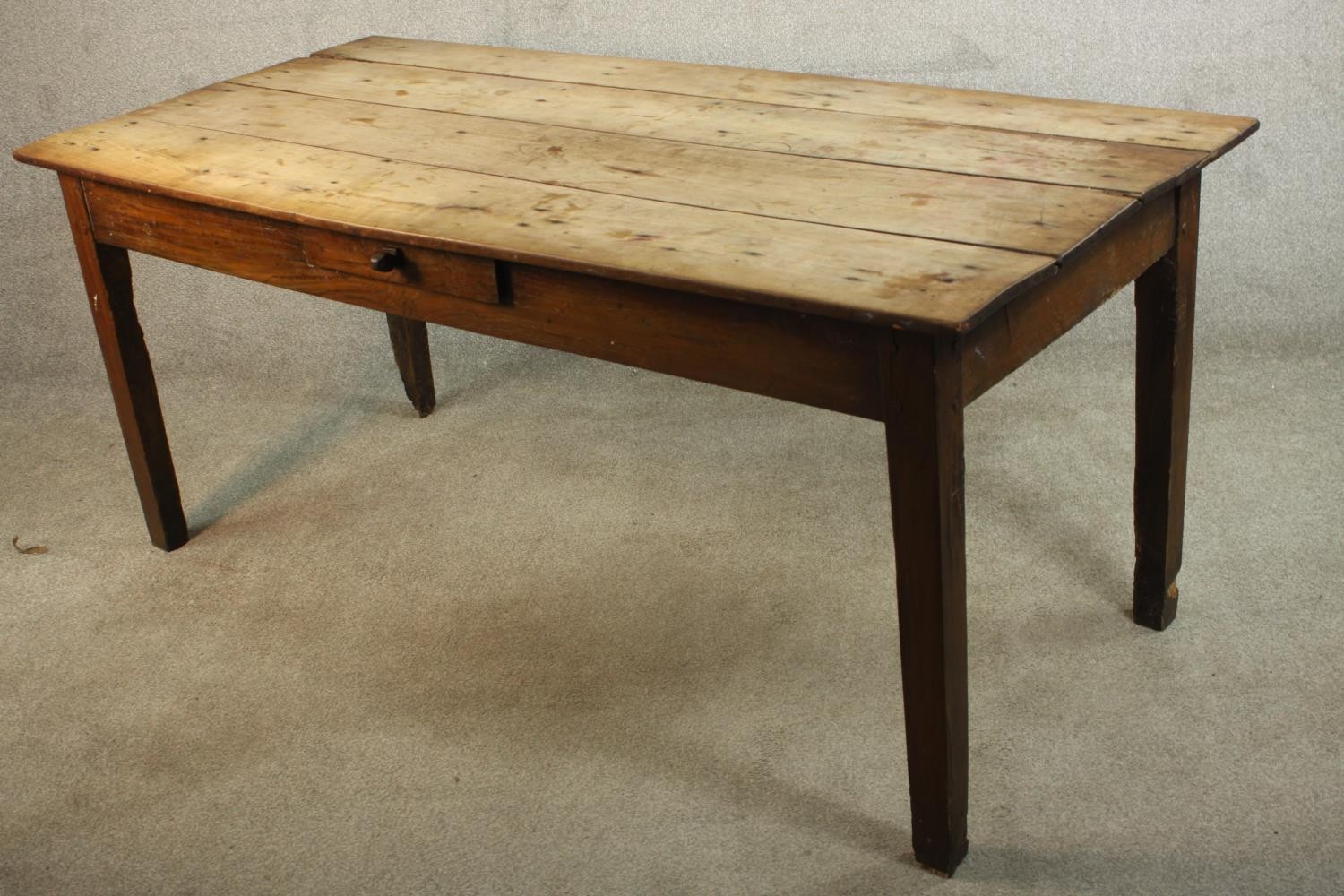 A 19th century French farmhouse table, with a plank top over a single drawer on square section - Image 6 of 9